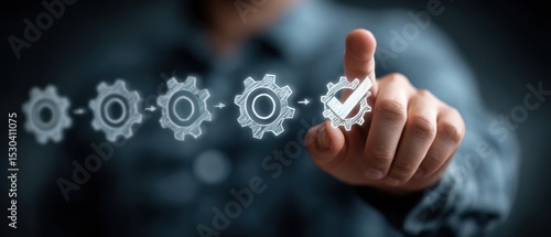A person points at a series of illustrated gears, with the final gear featuring a checkmark, symbolizing process completion or quality assurance.