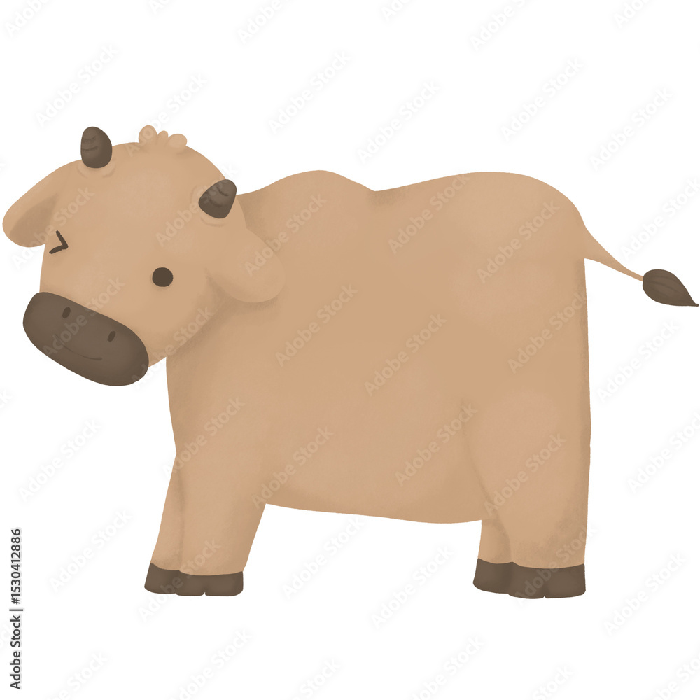 Fototapeta premium Cute cartoon cow illustration, happy farm animal character drawing, adorable brown cow graphic.