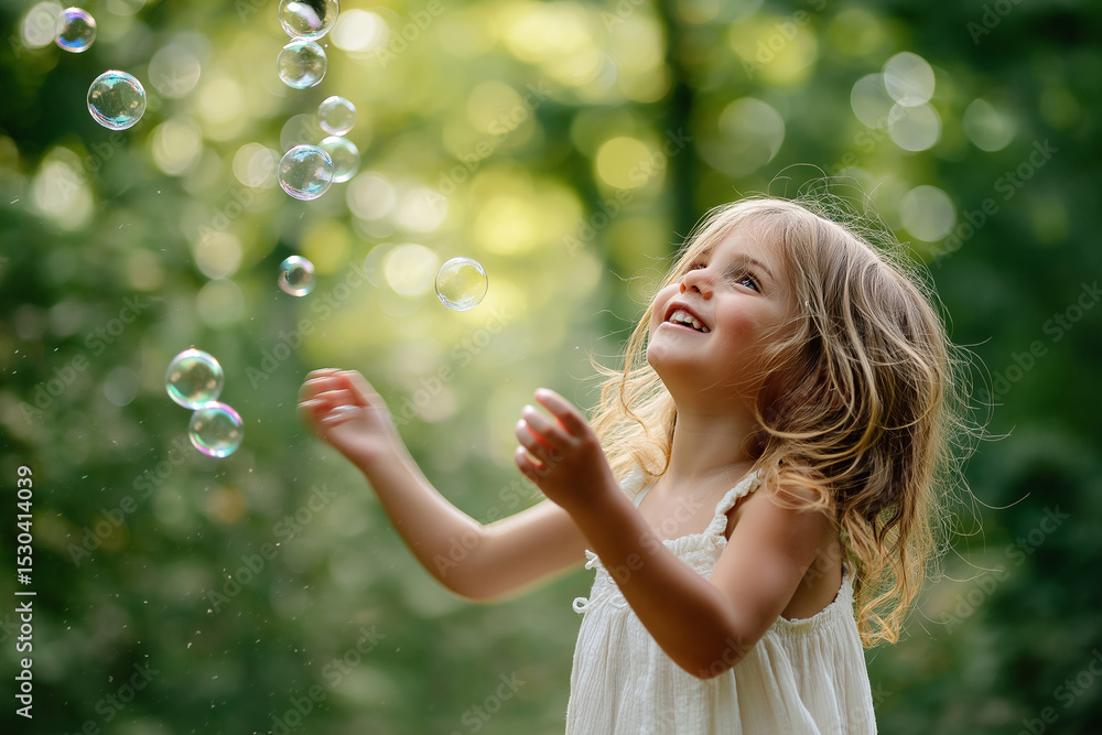 Little white girl 3 years old playing with soap bubbles in garden, white dress, soft green and yellow background, sunlight filtered through trees, Little white girl 3 years old playing with soap bubbles in garden, white dress, soft green and yellow background, sunlight filtered through trees,