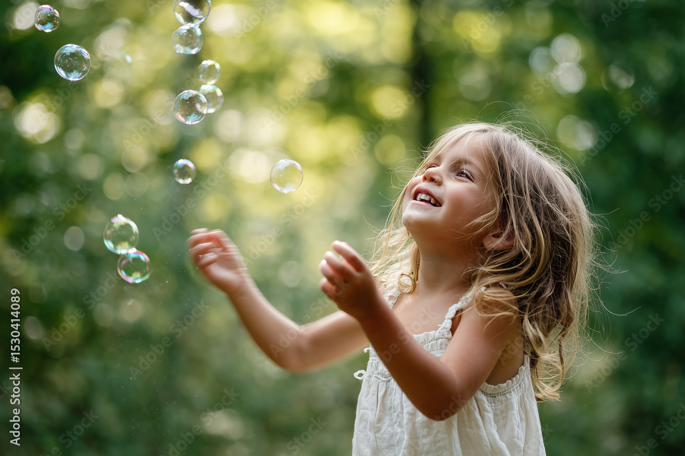 Little white European girl playing with soap bubbles in garden, white dress, soft green and yellow background, sunlight filtered through trees, Little white European girl playing with soap bubbles in garden, white dress, soft green and yellow background, sunlight filtered through trees,