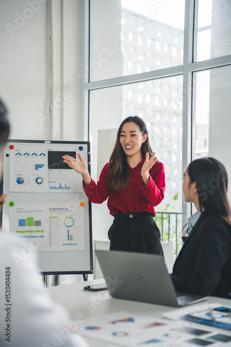 Canvas Print Asian businesswoman presenting infographic data on a whiteboard during a corpora