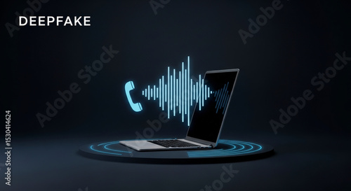 Digital Deepfake Illustration Depicting Laptop and Phone Call Waveform Against Dark Background