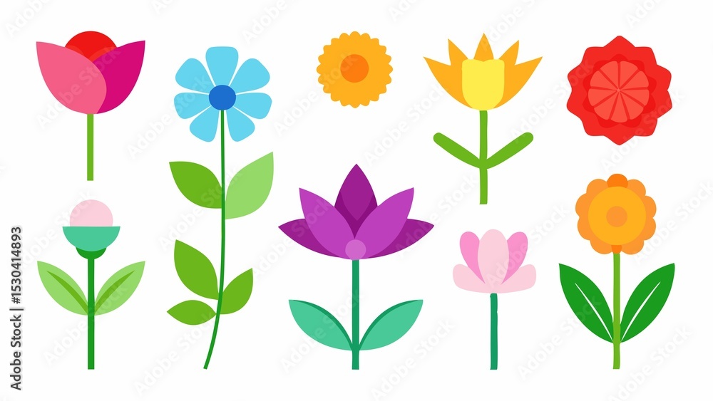 Obraz premium Collection of Colorful Geometric Flowers on White Background for Spring and Summer Designs