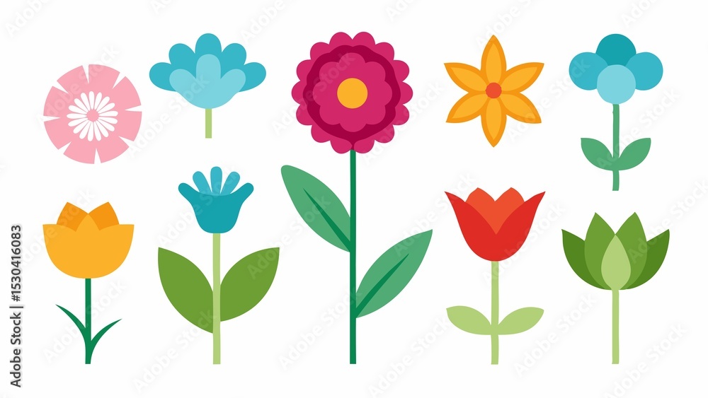 Obraz premium Collection of Colorful Geometric Flowers on White Background for Springtime Designs