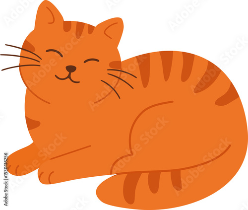 Orange tabby cat sleeping with closed eyes, squinting and smiling. Happy pet. Cute pet illustration for children's books, greeting card.