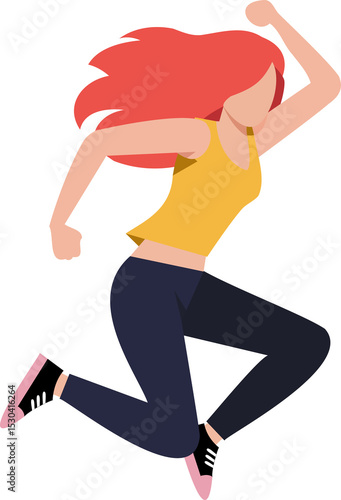 Woman with red hair jumping and dancing vigorously. Happy female showing energetic street dance move, modern performance.