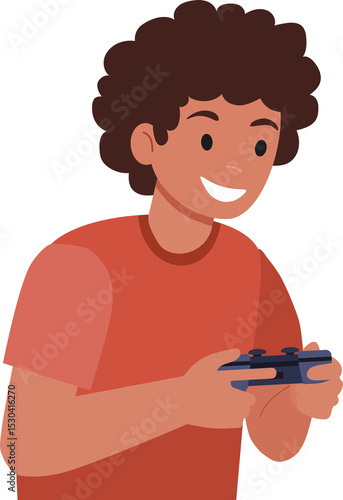 Young boy with curly hair playing video game. Happy kid using console for entertainment. Digital gaming hobby for child.
