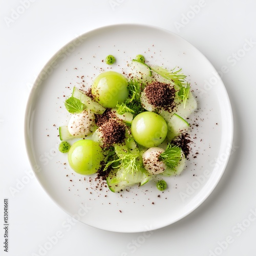 A culinary presentation of green tomatoes and cucumber salad on a white plate top down view