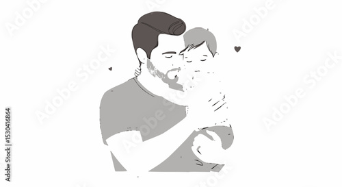 Line art illustration of a father embracing his son, showing affection and a wedding ring.