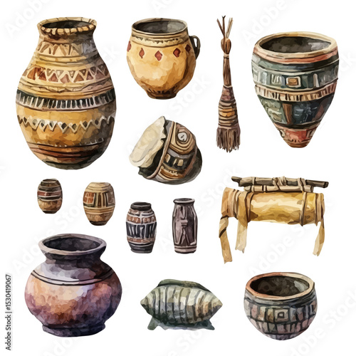 watercolor of Cultural Artifacts, vector, isolated on a white background.