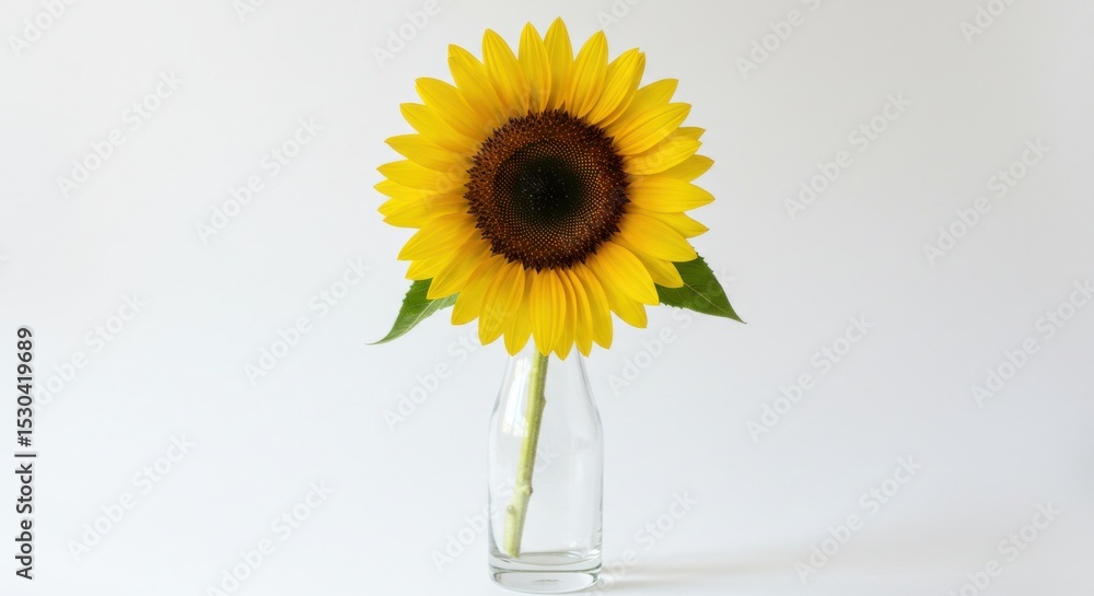 Obraz premium Single bright sunflower in a clear glass vase against a white background for cheerful decor with copy space