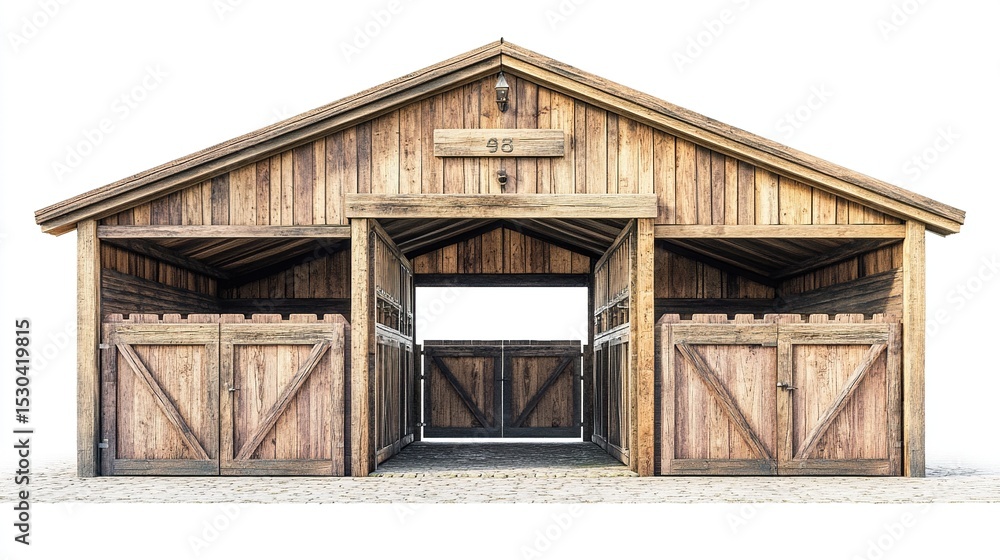 Obraz premium Rustic wooden barn with three stalls, double doors, a gabled roof, and number 