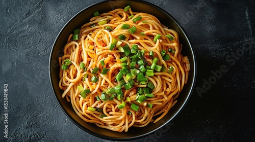 A dark bowl brimful of golden noodles, glistening with a rich, oily sauce and generously topped with bright green, finely sliced scallions