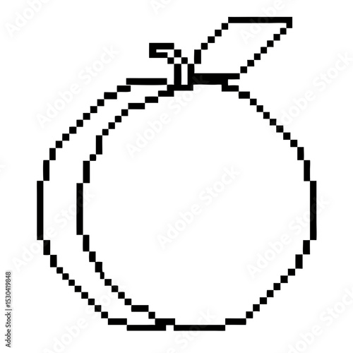 Delicate pixel outline art of a plum fruit with leaf detail