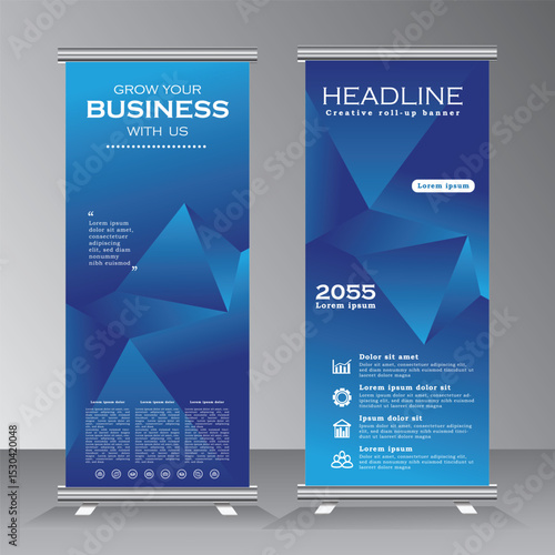 abstract background roll up banner desing with dark and light blue, roll up banner template with abstract background, print ready color,
