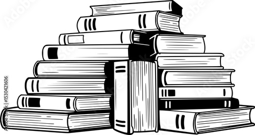 A stack of books arranged haphazardly, featuring various sizes and orientations