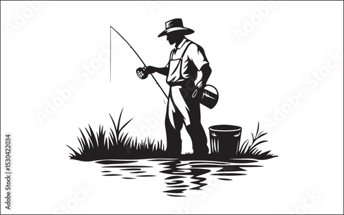 Fisherman Fishing Silhouette illustration isolated on a white background