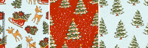 Christmas seamless patterns set with reindeer sleigh gifts and snowy trees vector illustration