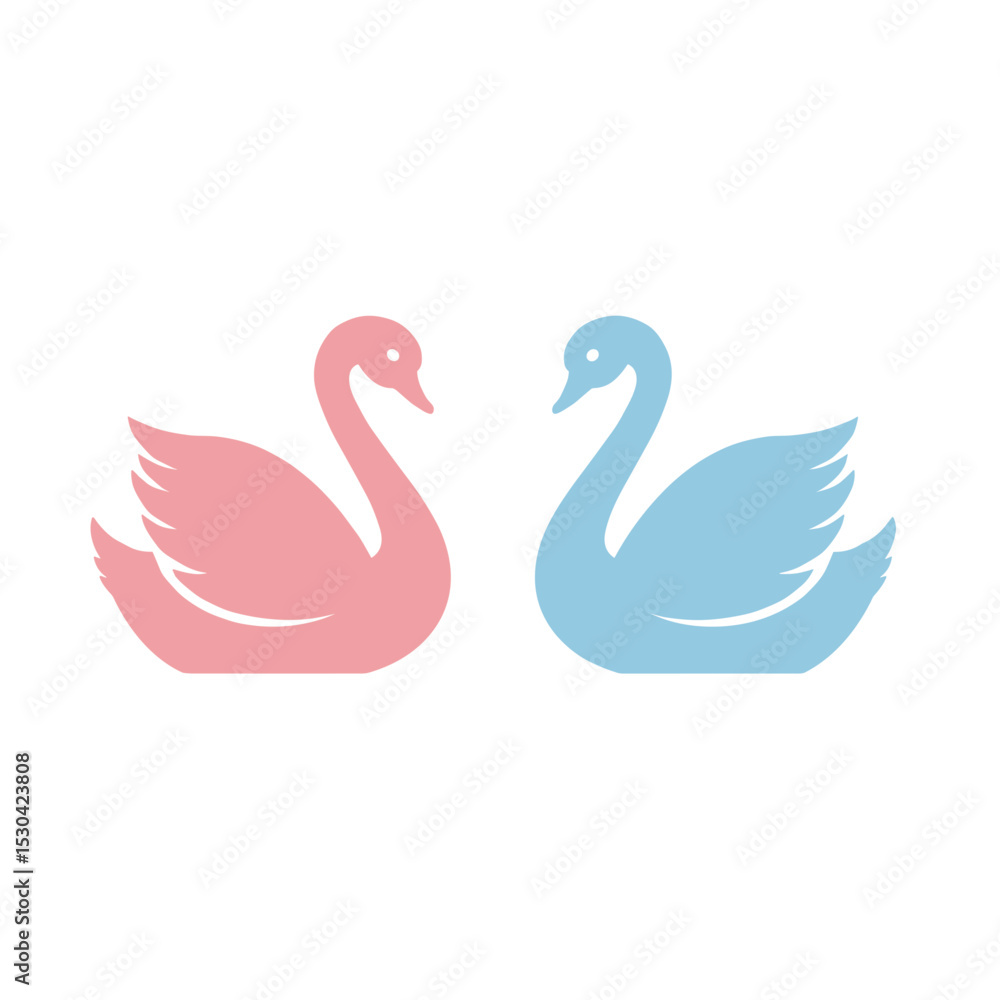 Fototapeta premium Pair of swans in pastel pink and light blue facing each other on white background
