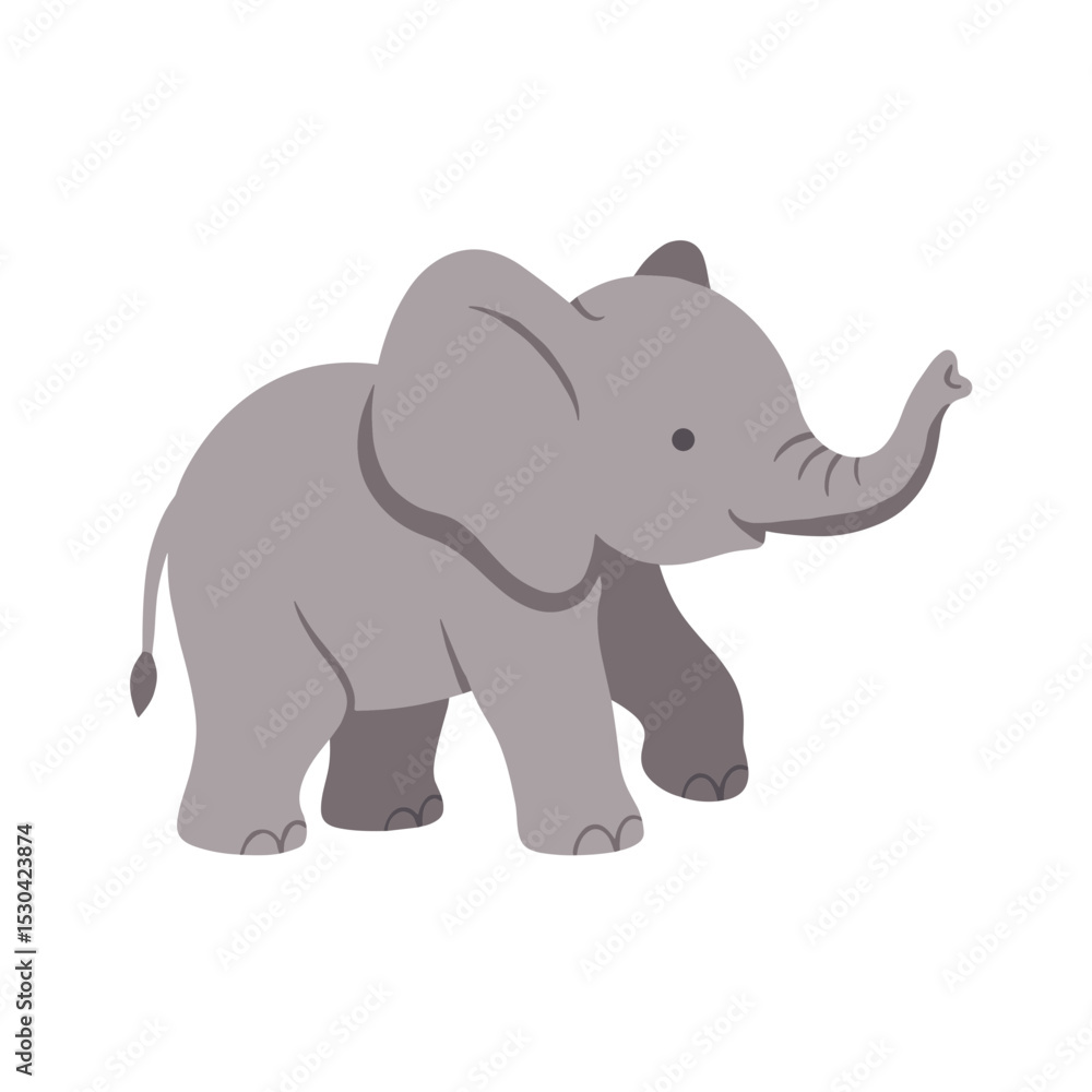 Obraz premium Cartoon gray elephant eating grass, outlined and simplified, set against a white background