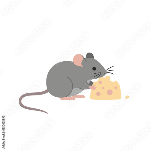Animated gray mouse eating a slice of swiss cheese, presented on a white backdrop