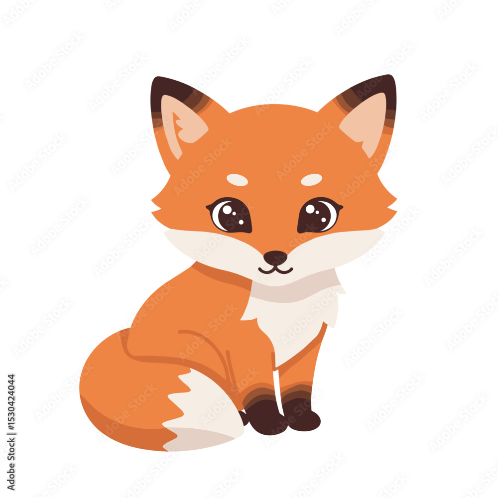 Naklejka premium Adorable, simplified vector fox with big eyes, orange fur, and pointy ears on a white background