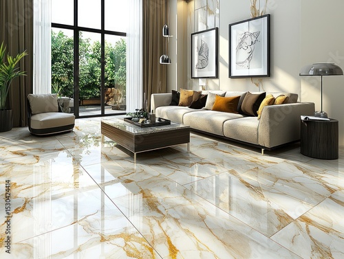 Sunlit living room with marble-effect flooring
