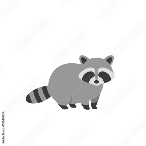 Flat illustration of a gray raccoon with black stripes and white background