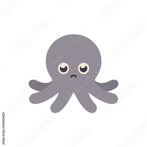 Illustration of a sorrowful cartoon octopus with gray body on a white background