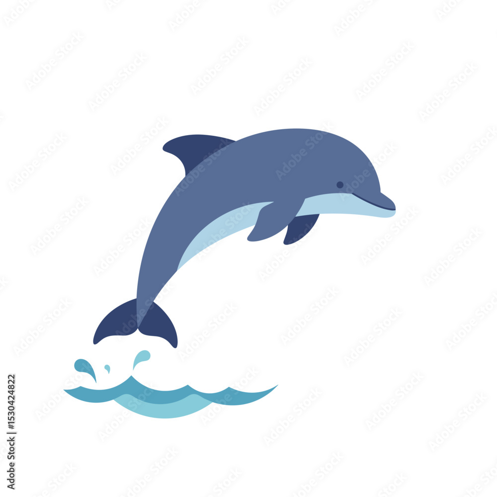 Fototapeta premium Cartoon-style blue dolphin jumping out of water, against a white background