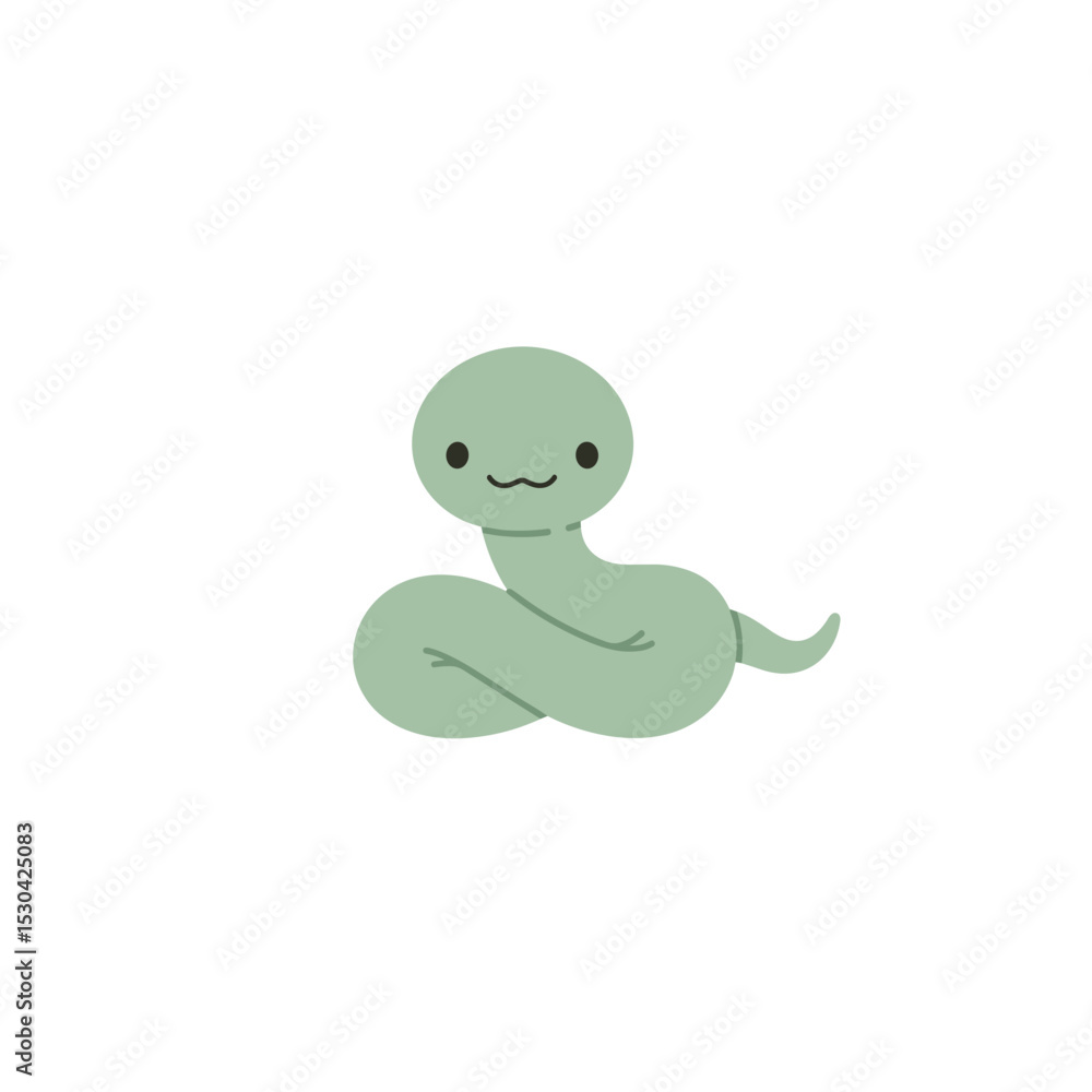 A cartoon snake, with simple design and soft green color, sits in the bottom center of a white canvas A cartoon snake, with simple design and soft green color, sits in the bottom center of a white canvas