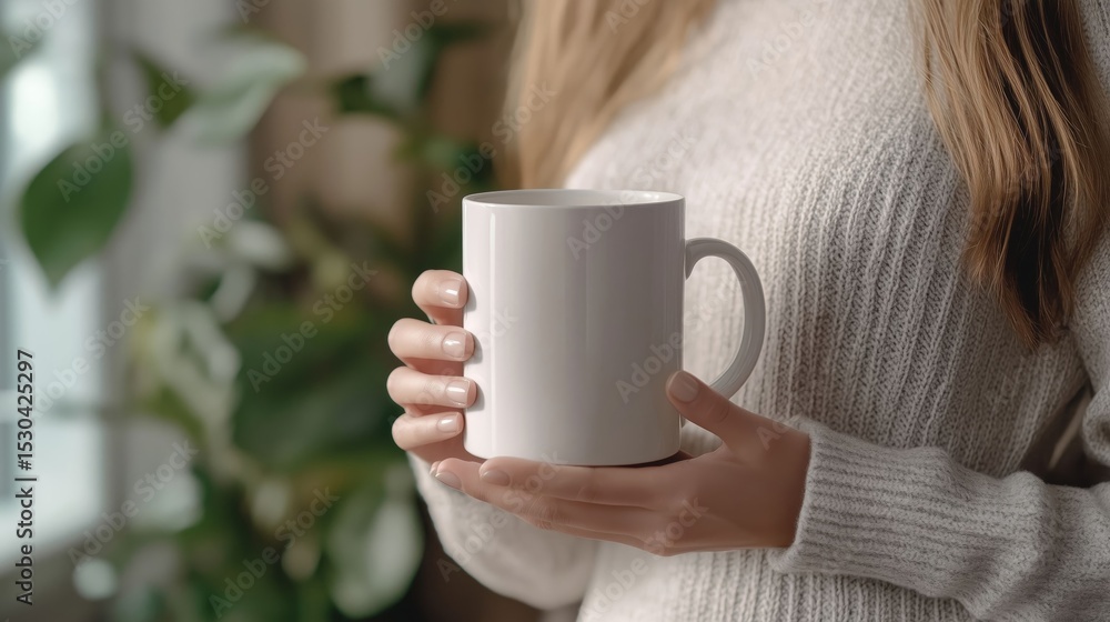 A woman in a cozy sweater holds a white mug by a window with plants, creating a warm atmosphere. A woman in a cozy sweater holds a white mug by a window with plants, creating a warm atmosphere.