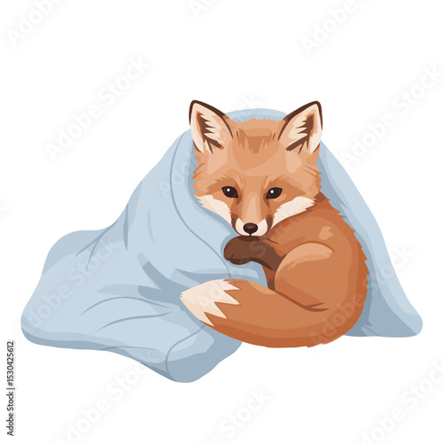 Cartoon fox peeks out from a light blue blanket against a white background
