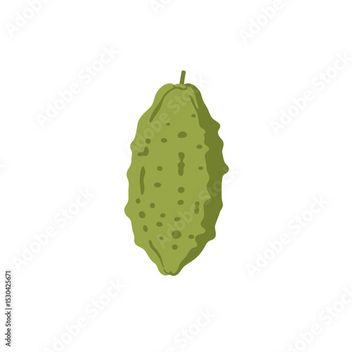 Stylized, green bumpy pickle, upright on a white background