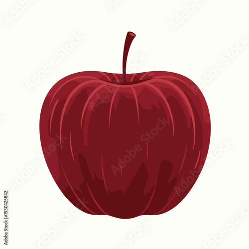 Stylized, dark red apple with a brown stem against a plain white background