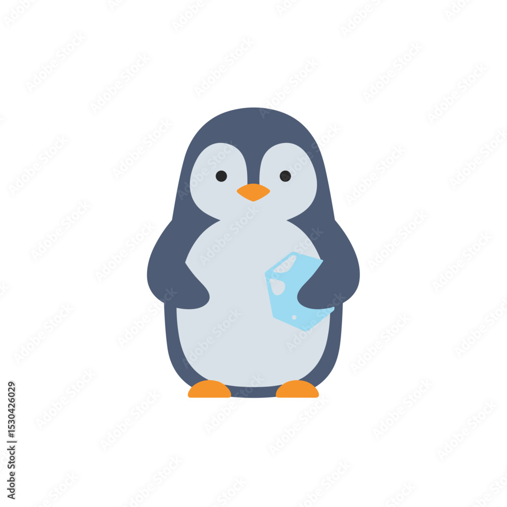 Fototapeta premium Cute cartoon penguin holds a chunk of ice, isolated on white background