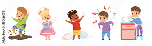 Naughty and Obedient Kids with Good Manners and Hooligans Vector Illustration Set