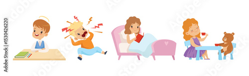 Naughty and Obedient Kids with Good Manners and Hooligans Vector Illustration Set
