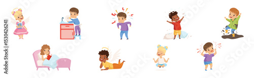 Naughty and Obedient Kids with Good Manners and Hooligans Vector Illustration Set