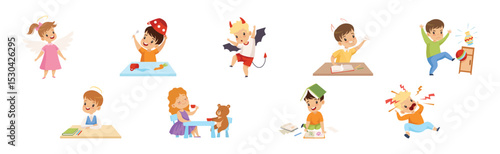 Naughty and Obedient Kids with Good Manners and Hooligans Vector Illustration Set