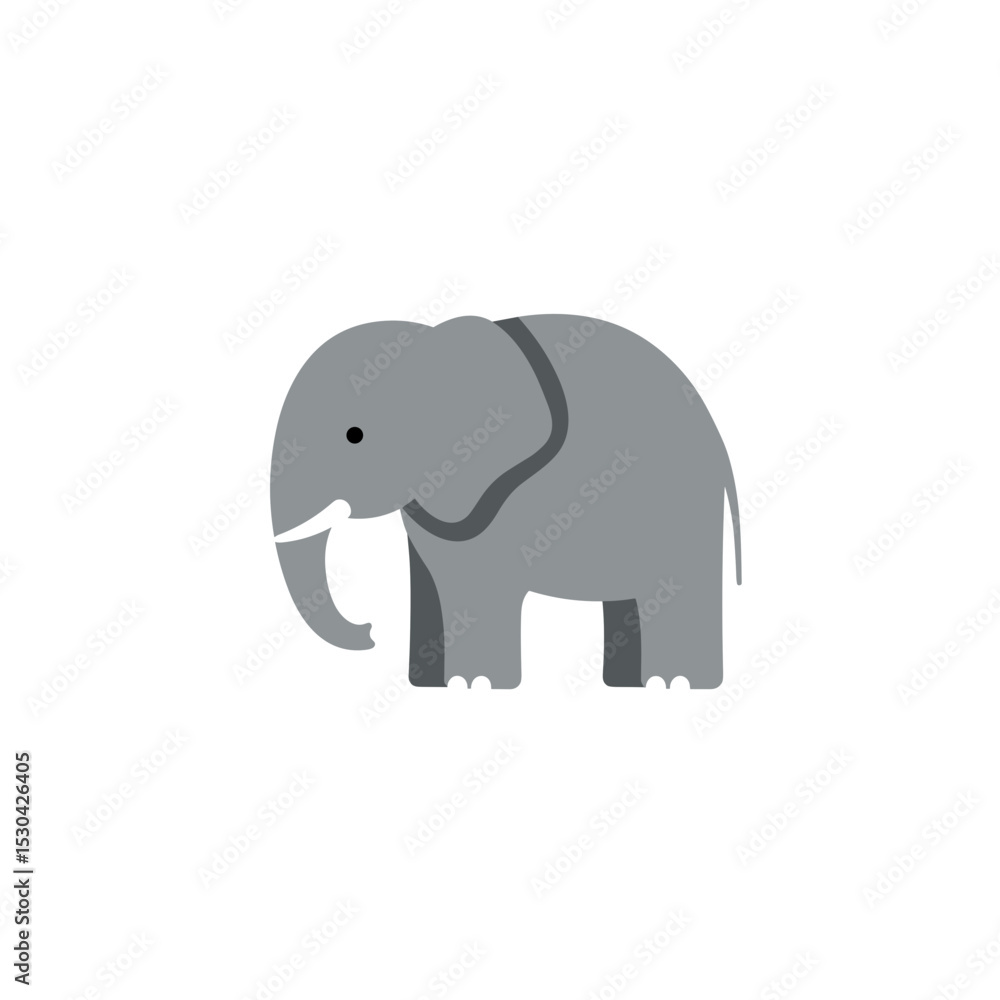 Flat, geometric illustration of a gray elephant isolated against a white background, facing left Flat, geometric illustration of a gray elephant isolated against a white background, facing left
