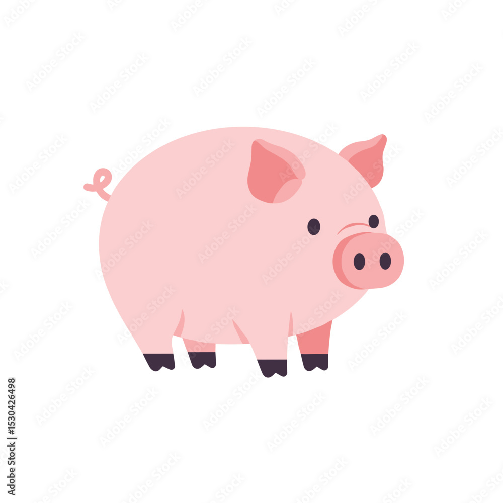 Illustrated light pink cartoon pig with curly tail, seen from the side, set against white Illustrated light pink cartoon pig with curly tail, seen from the side, set against white
