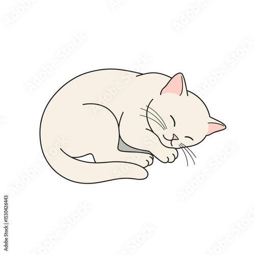 Cartoon drawing of a cream-colored kitten curled up and sleeping, facing to the right