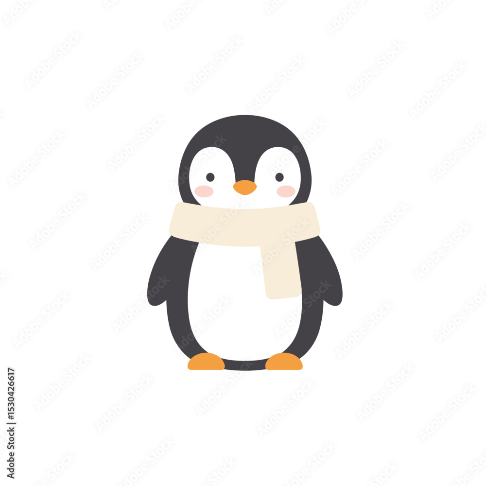 Fototapeta premium Illustration of a cute, minimalist penguin wearing a tan scarf against a white background