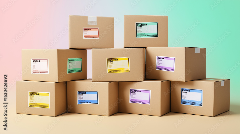 Fototapeta premium Colorful shipping labels on neatly stacked cardboard packages, representing modern e-commerce logistics