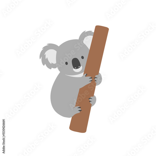 Cute cartoon koala clinging to a tree branch against a plain white background