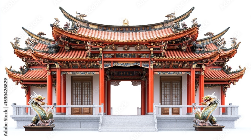 Obraz premium A traditional Chinese temple with a red and gold roof, intricate carvings, and two guardian dragons. It has a large, open entryway with double doors
