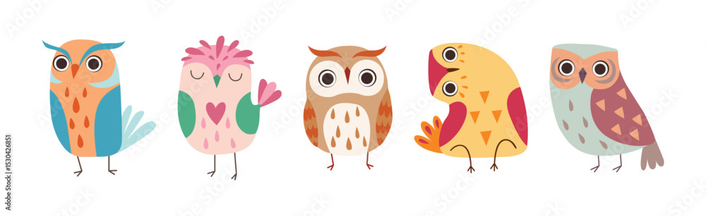 Obraz premium Cute Owl Bird Feathered Flying Animal with Wings Vector Set