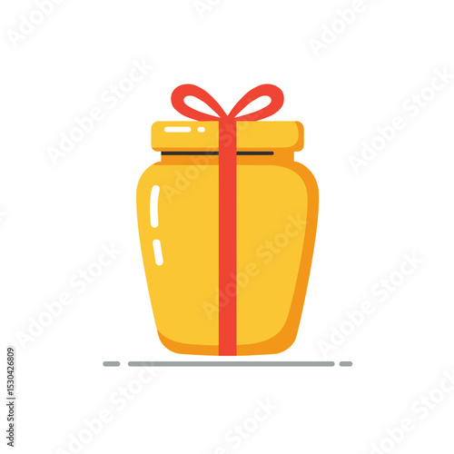 Yellow jar tied with a red bow, simple illustration on a white background