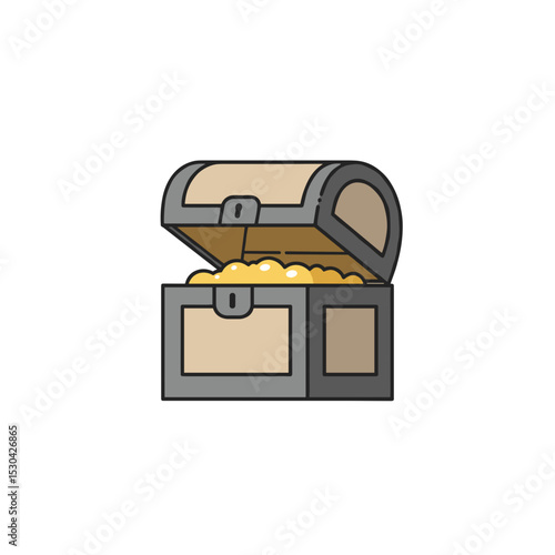 Open treasure chest cartoon filled with golden objects on white background in flat vector style